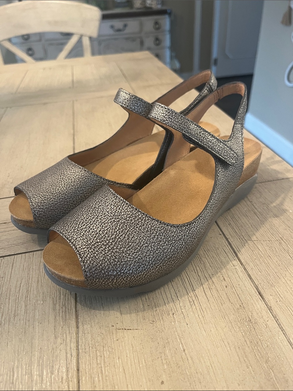 Dansko Metallic Pewter Peep-Toe Wedge Sandals